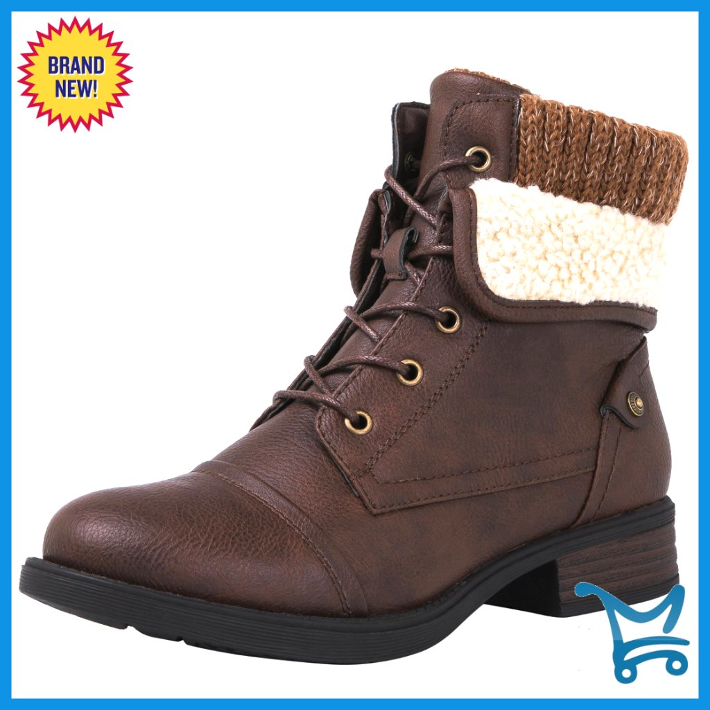 Women's Combat Boots Lace Up Ankle Boots Low Heel Faux Leather